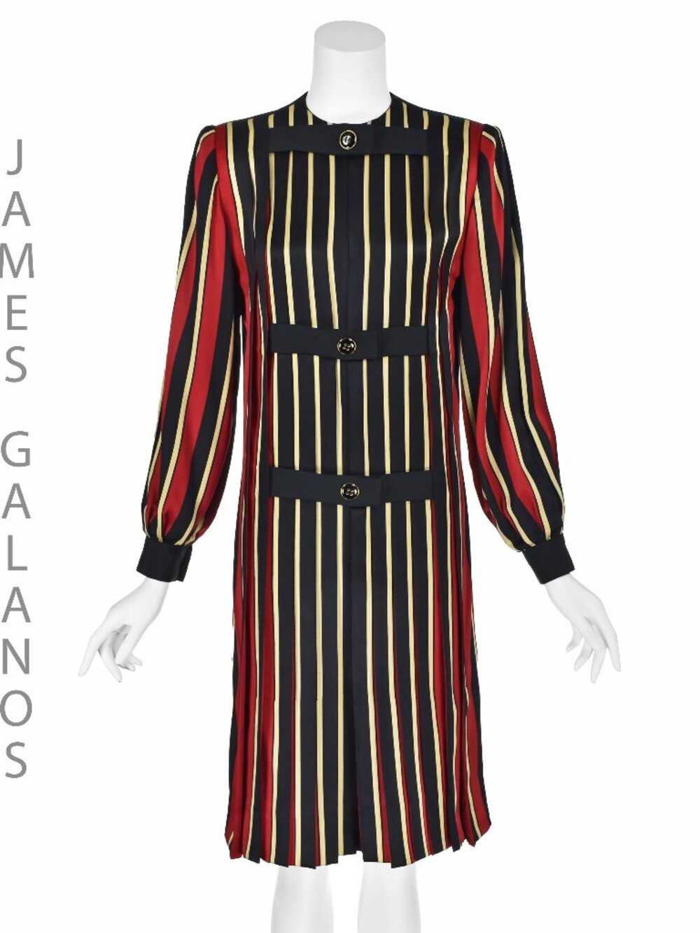 JAMES GALANOS Circa 1984 Black, Red & Gold Pleated Silk Day Dress, SZ 4
